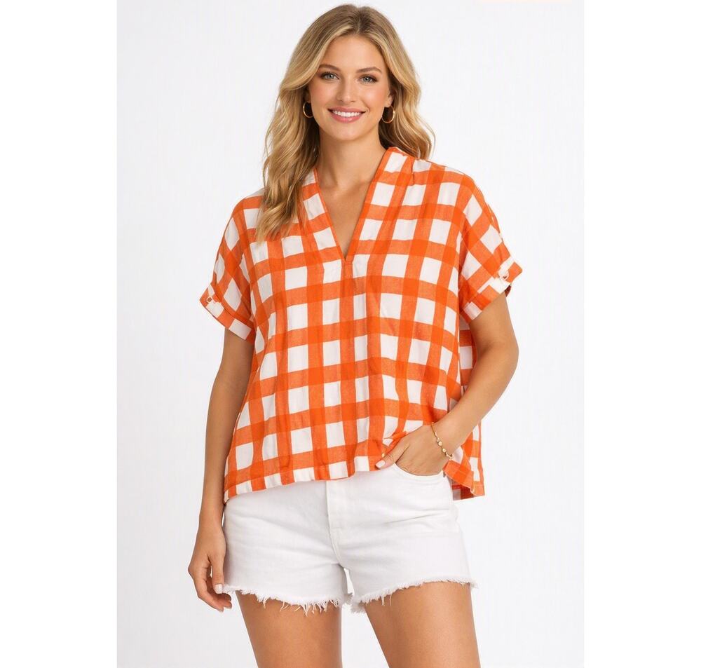 Orange Check Coastal Gingham Top One Size CottageCore Resort Vacay Vibes GUC